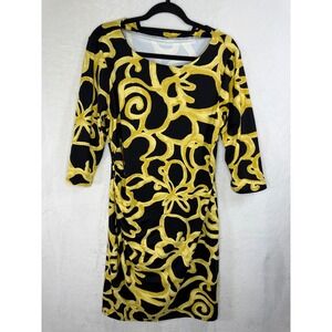 J.McLaughlin Catalina Cloth Dress XL Yellow Black‎ Abstract Scroll Ruched Sheath